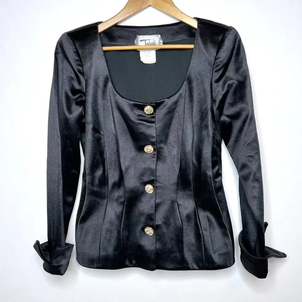 Vintage Tadashi Black Satin Eveningwear Blazer XS